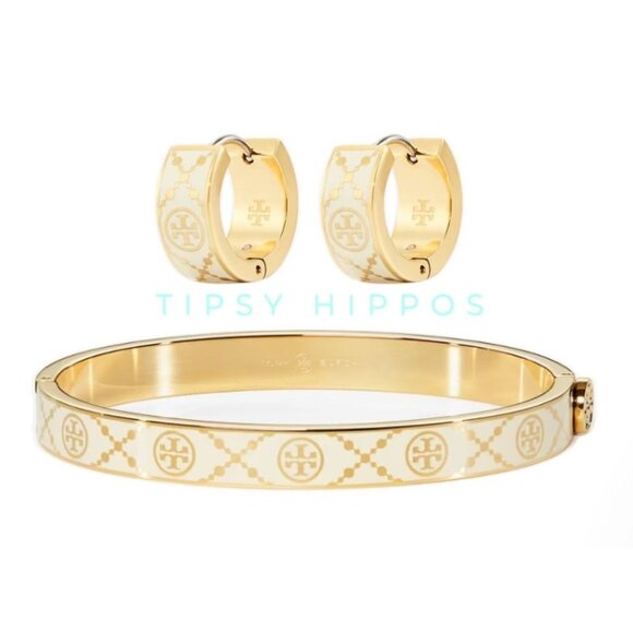 Tory Burch T-Monogram Bangle Bracelet & Huggie Earring Set - Picture 1 of 7